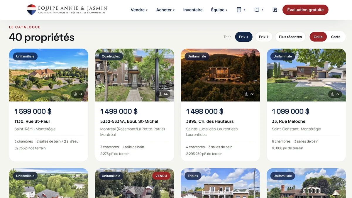 Page Inventaire du site equipeaj.ca : les propriétés à vendre de l’Équipe Annie & Jasmin